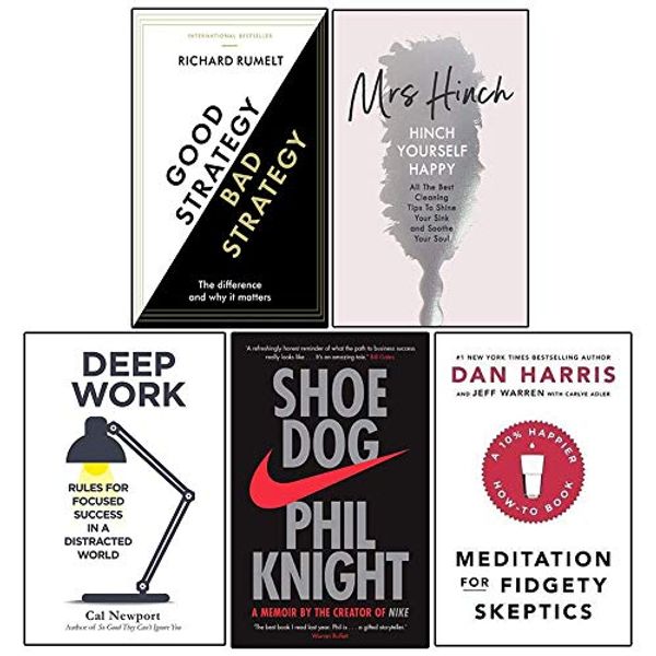 Cover Art for 9789123794218, Good Strategy/Bad Strategy, Hinch Yourself Happy [Hardcover], Deep Work, Shoe Dog, Meditation For Fidgety Skeptics 5 Books Collection Set by 