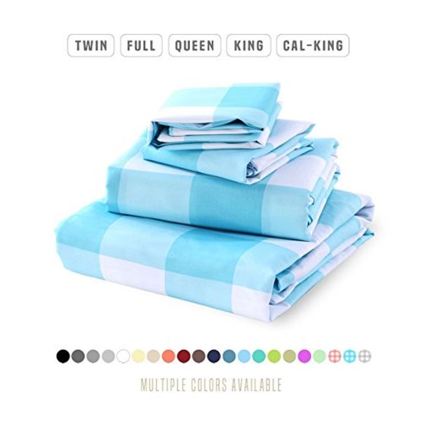 Cover Art for 0687925393655, Luxe Bedding Sets - Queen Sheets 4 Piece, Flat Bed Sheets, Deep Pocket Fitted Sheet, Pillow Cases, Queen Sheet Set - Gingham Sky Bluey Blue by 