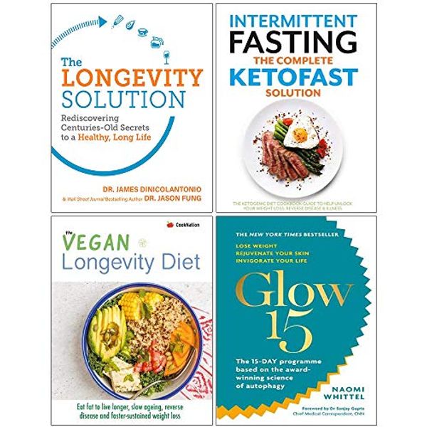 Cover Art for 9789123783809, Longevity Solution, Intermittent Fasting the Complete Ketofast Solution, Vegan Longevity Diet, Glow15 Collection 4 Books Set by Dr. James Dinicolantonio Jason Fung, Naomi Whittel, CookNation