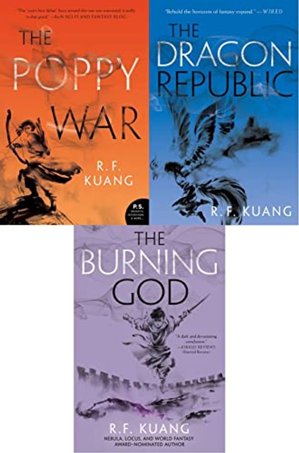 Cover Art for B0B3DB4PYT, The Poppy War Trilogy 3-book Set by R. F. Kuang (The Poppy War, The Dragon Republic, The Burning God) by R. F. Kuang, The Poppy War 978-0062662583 9780062662583 0062662589, The Dragon Republic 978-0062662606 9780062662606 0062662600, The Burning God 978-0062662644 9780062662644 0062662643