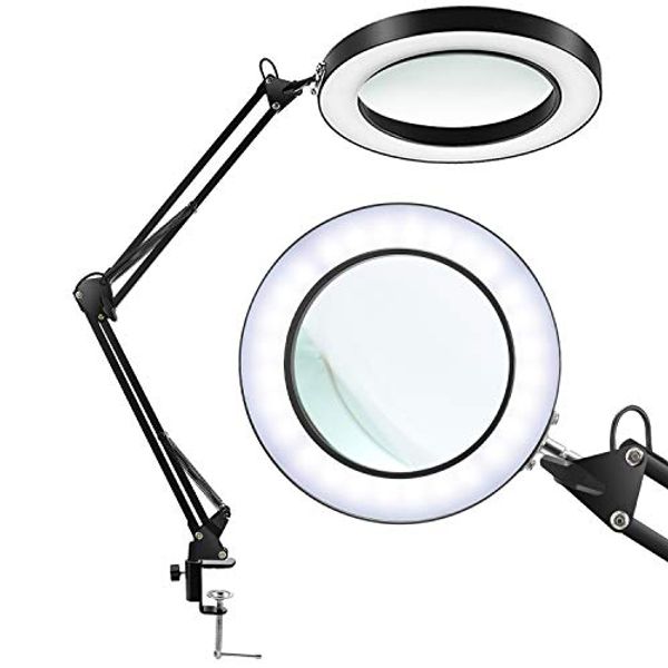 Cover Art for 0653846890597, LANCOSC Magnifying Glass Desk Lamp with Clamp - White/Warm White Lighted 5-Diopter Magnifier Lens - Adjustable Metal Swivel Arm LED Light for Reading, Crafts, Professional Tasks (Black) by 