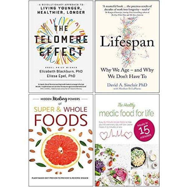 Cover Art for 9789123951550, The Telomere Effect, Lifespan [Hardcover], Hidden Healing Powers Of Super & Whole Foods, The Healthy Medic Food for Life Meals in 15 minutes 4 Books Collection Set by Dr. Elissa Epel Elizabeth Blackburn, Dr. David A. Sinclair, Iota