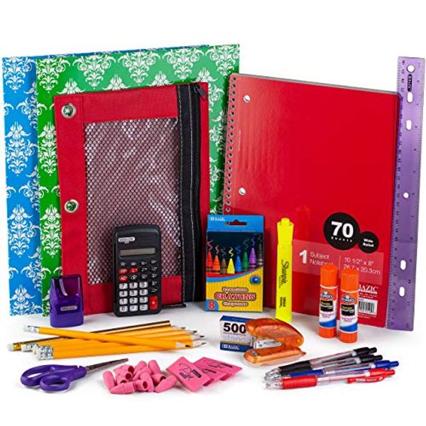 Cover Art for 0682821730856, Back To School Bundle Pack | School Supplies Bundle Pack For Kids | Back To School Kit With Notebook, Crayons, Glue Sticks, Pink Erasers, Pencils, Pens, Calculator, Ruler, Highlighter Marker & More by 
