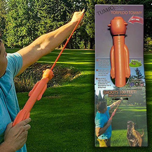 Cover Art for 0851963007236, Tumbo Torpedo Tommy (100 ft Launching Rubber Dog Toy) Durable and Concealed Launch Bands Make it Safe for Chewing, Orange by 