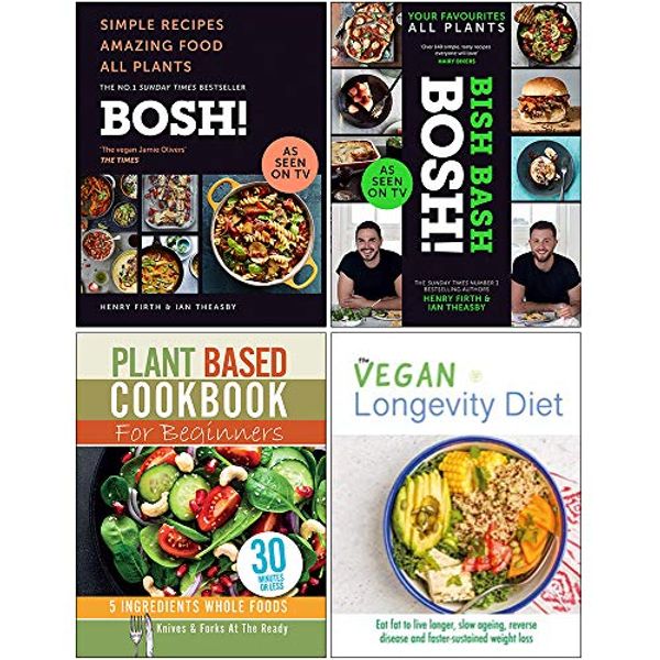 Cover Art for 9789123966875, Bosh Simple Recipes [Hardcover], Bish Bash Bosh [Hardcover], Plant Based Cookbook For Beginners, The Vegan Longevity Diet 4 Books Collection Set by Ian Theasby, Henry David Firth, Iota