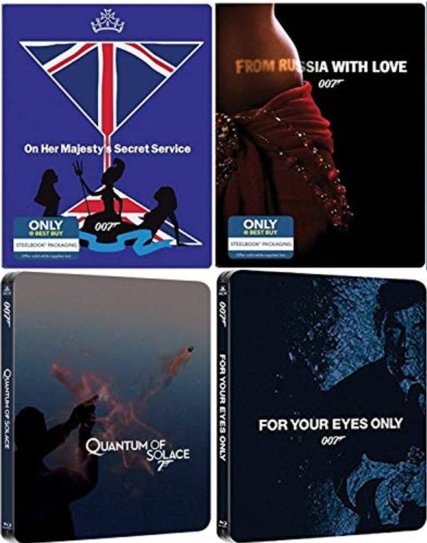 Cover Art for 0720780808664, Four Bonds Daniel Craig / Roger Moore / Sean Connery & Lazenby James Steelbook Collection Quantum Solace 007 Blu Ray Russia with Love / Your Eyes Only / Majesties Secret Service film Action Movie Set by 